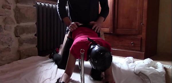 Tied to a machine on sexy clothes hard fucked and throated doggystyle